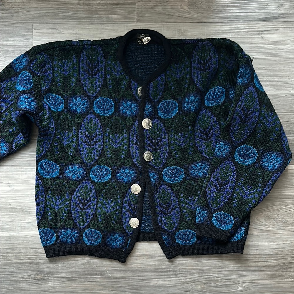 Vintage Norvyk by Ren-Dale Knit Virgin Wool Cardigan with Blue and Green Pattern